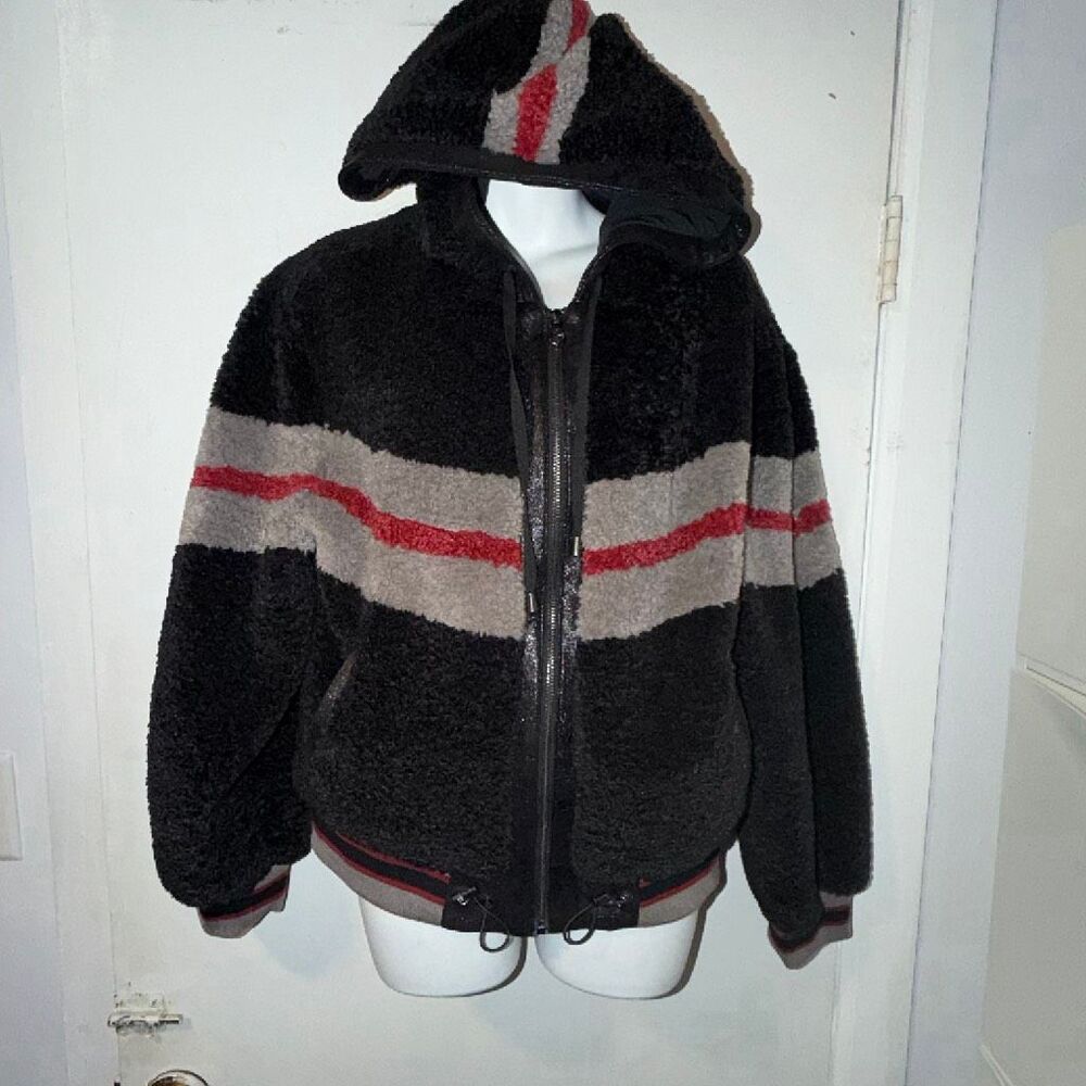 BLANC NOIR Black and Grey Faux-Fur Cropped Hoodie Jacket-M